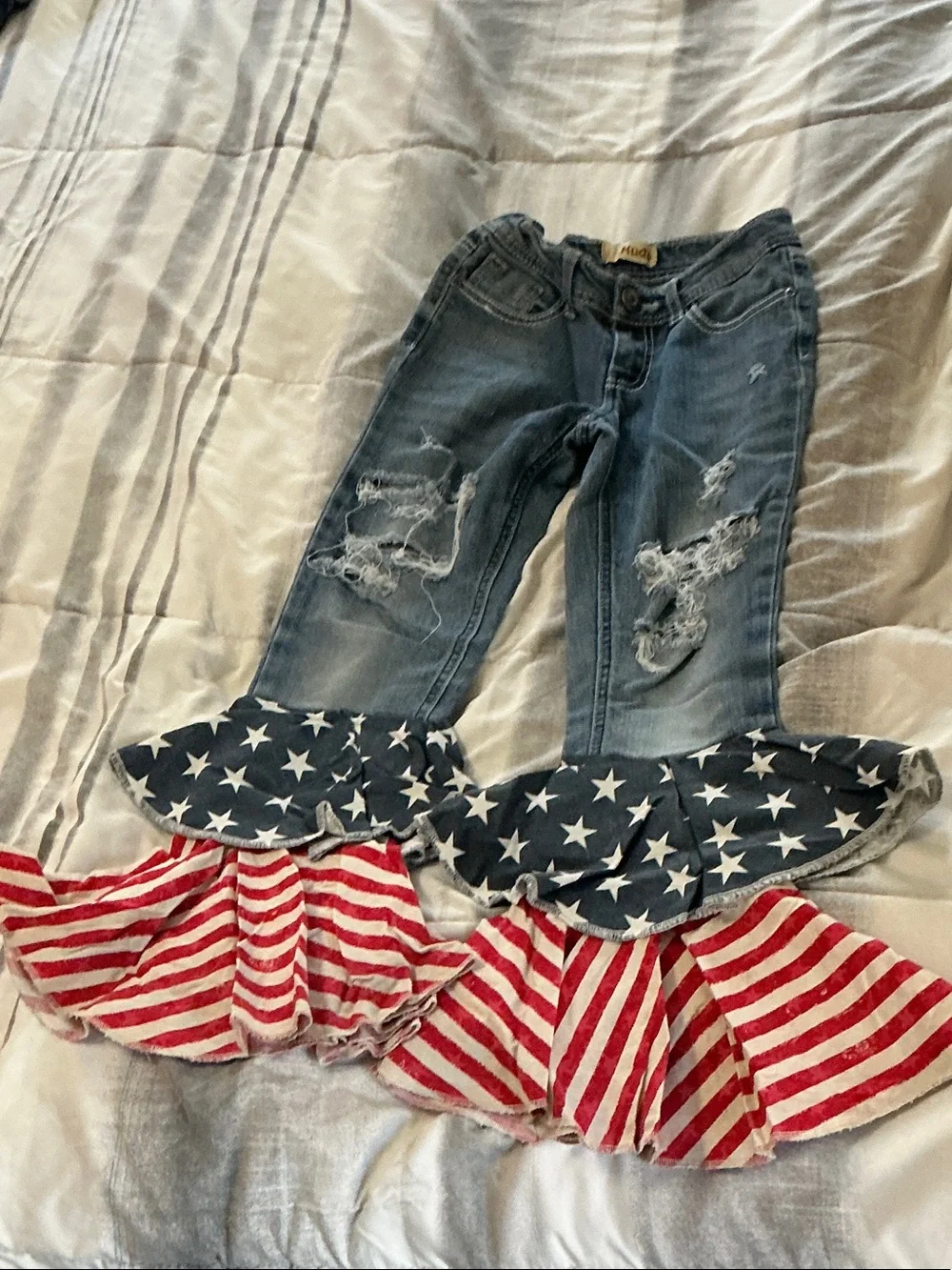 Kids Distressed Denim Ruffle Jeans with Stars & Stripes Trim